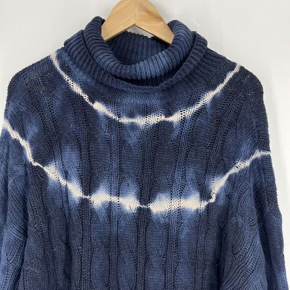 American Eagle Sweater Size Large Navy Tie Dye Chunky Cable Knit Turtleneck - Picture 2 of 9